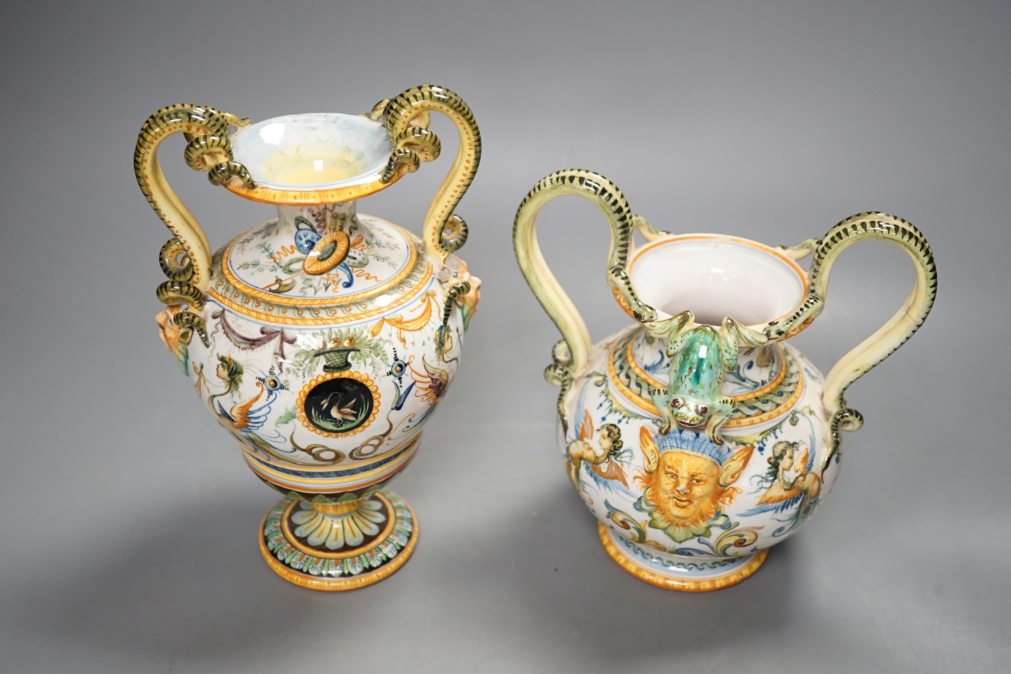 Two early 20th century Cantagalli maiolica two handled vases, tallest 23cm